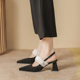 Zapatos de tacón grueso con punta francesa y boca baja para mujer